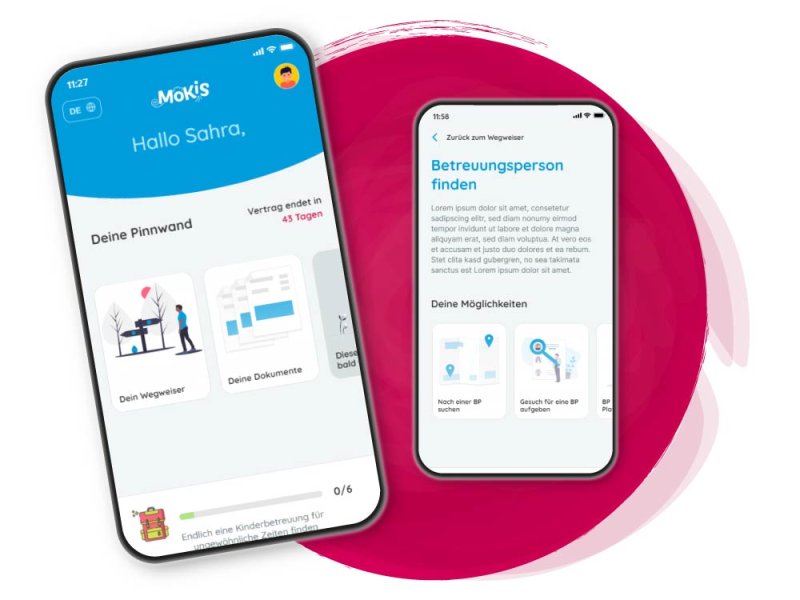 Fotocollage zeigt zwei Smartphones, deren Displays unterschiedliche Ausschnitte aus der MoKiS App zeigen.